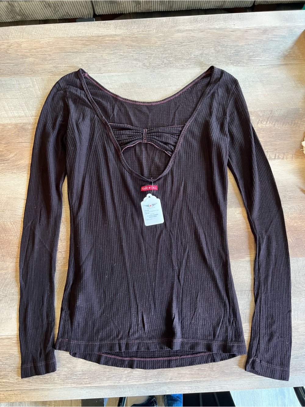 Hard Tail Ribbed Brown Off-Shoulder Long Sleeve Top with bow tie detail NWT